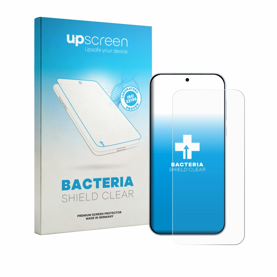 Parte frontal de un envase de producto con el logotipo de la marca upscreen. Al lado se muestra el dispositivo OnePlus Nord CE
