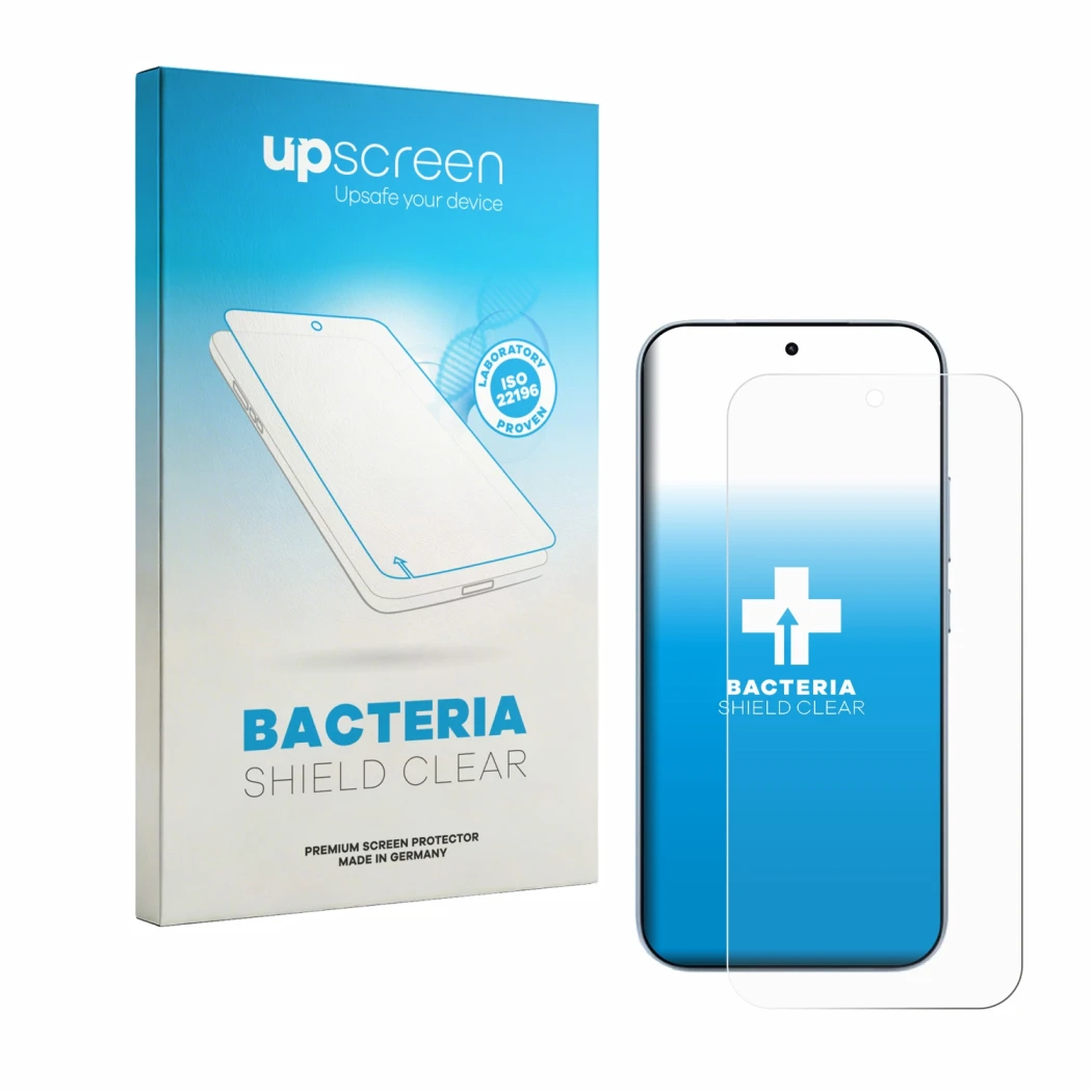 Parte frontal de un envase de producto con el logotipo de la marca upscreen. Al lado se muestra el dispositivo Xiaomi 17T con