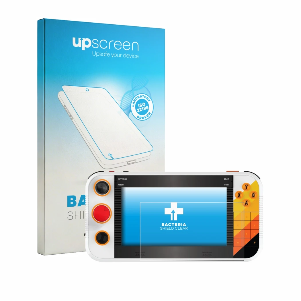 Parte frontal de un envase de producto con el logotipo de la marca upscreen. Al lado se muestra el dispositivo My Arcade Atari