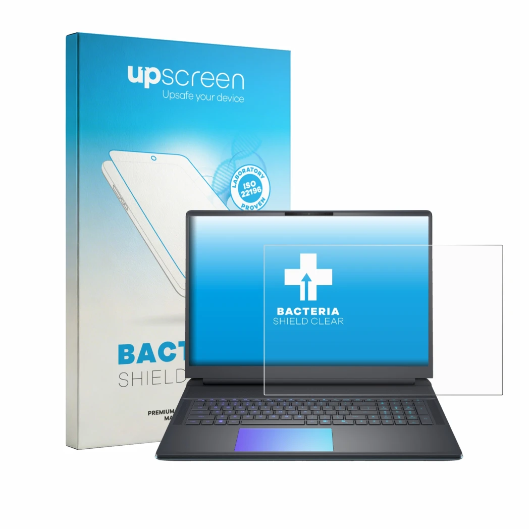 Parte frontal de un envase de producto con el logotipo de la marca upscreen. Al lado se muestra el dispositivo Dell Alienware