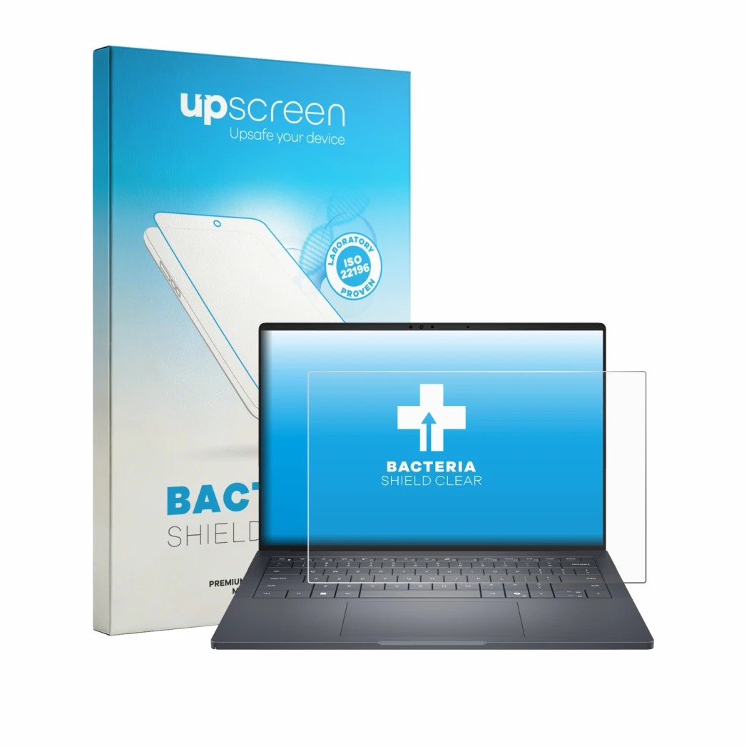 Parte frontal de un envase de producto con el logotipo de la marca upscreen. Al lado se muestra el dispositivo Dell Pro Max 14