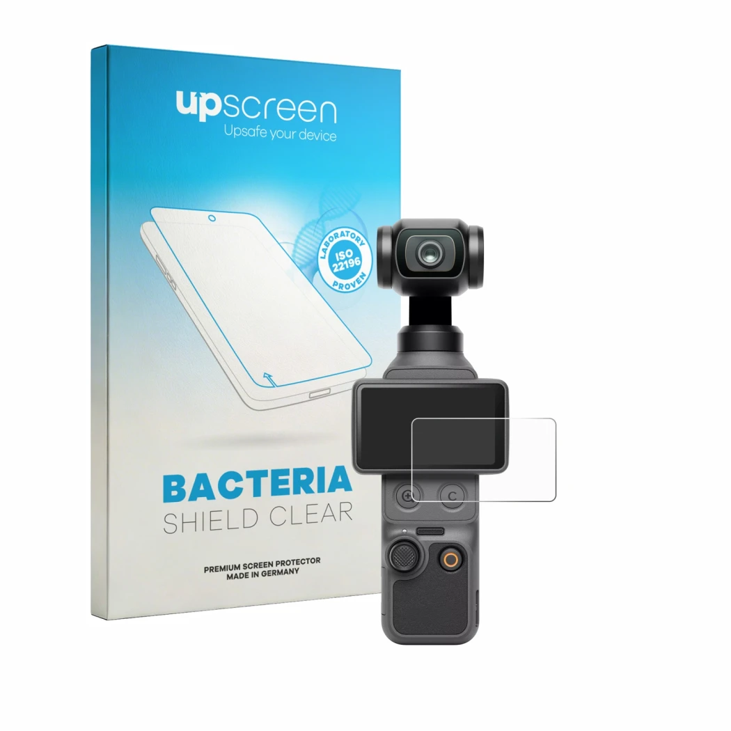 Parte frontal de un envase de producto con el logotipo de la marca upscreen. Al lado se muestra el dispositivo DJI Osmo Pocket