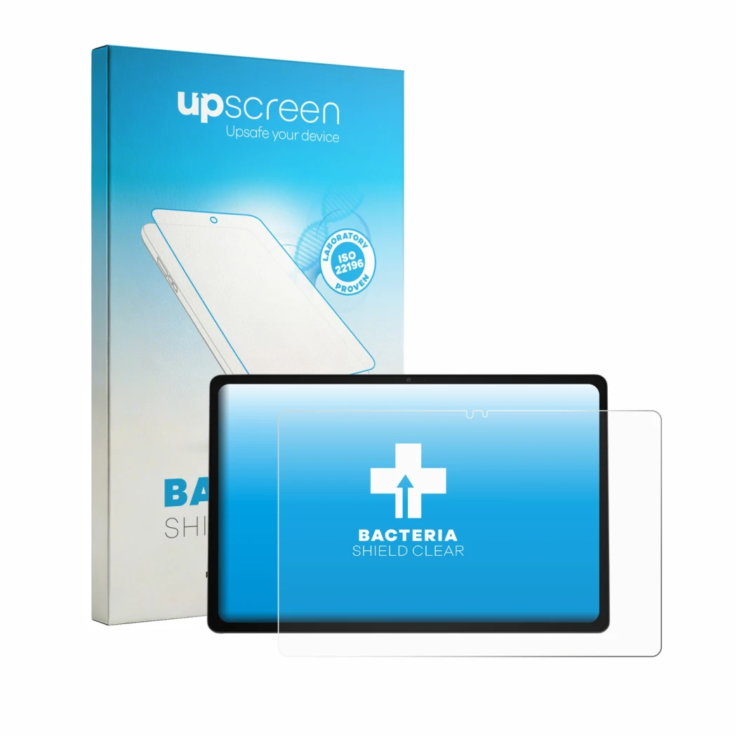 Parte frontal de un envase de producto con el logotipo de la marca upscreen. Al lado se muestra el dispositivo ASUS Chromebook