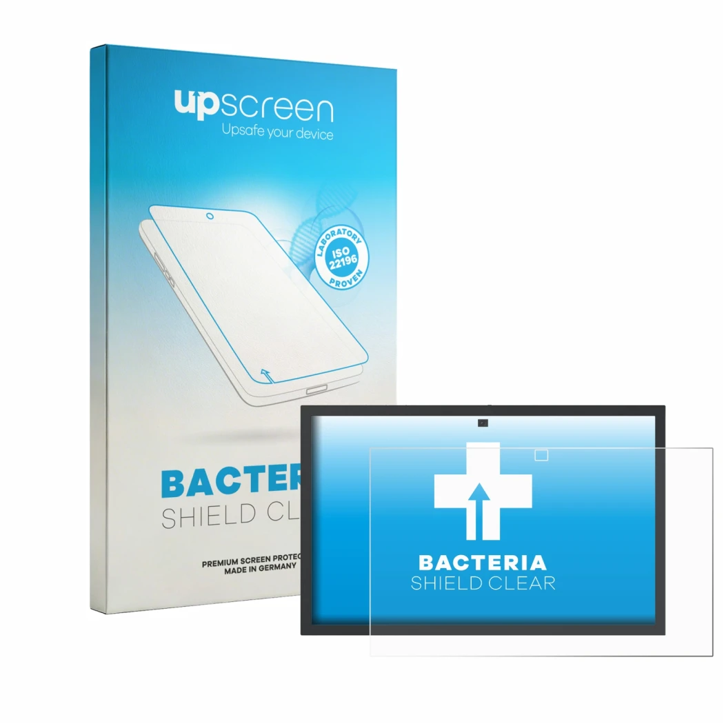 Parte frontal de un envase de producto con el logotipo de la marca upscreen. Al lado se muestra el dispositivo Amazon Echo Sho