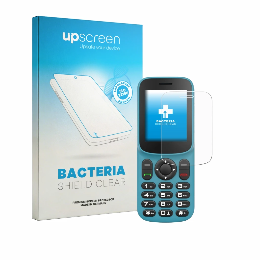 Parte frontal de un envase de producto con el logotipo de la marca upscreen. Al lado se muestra el dispositivo Uleway T185 con