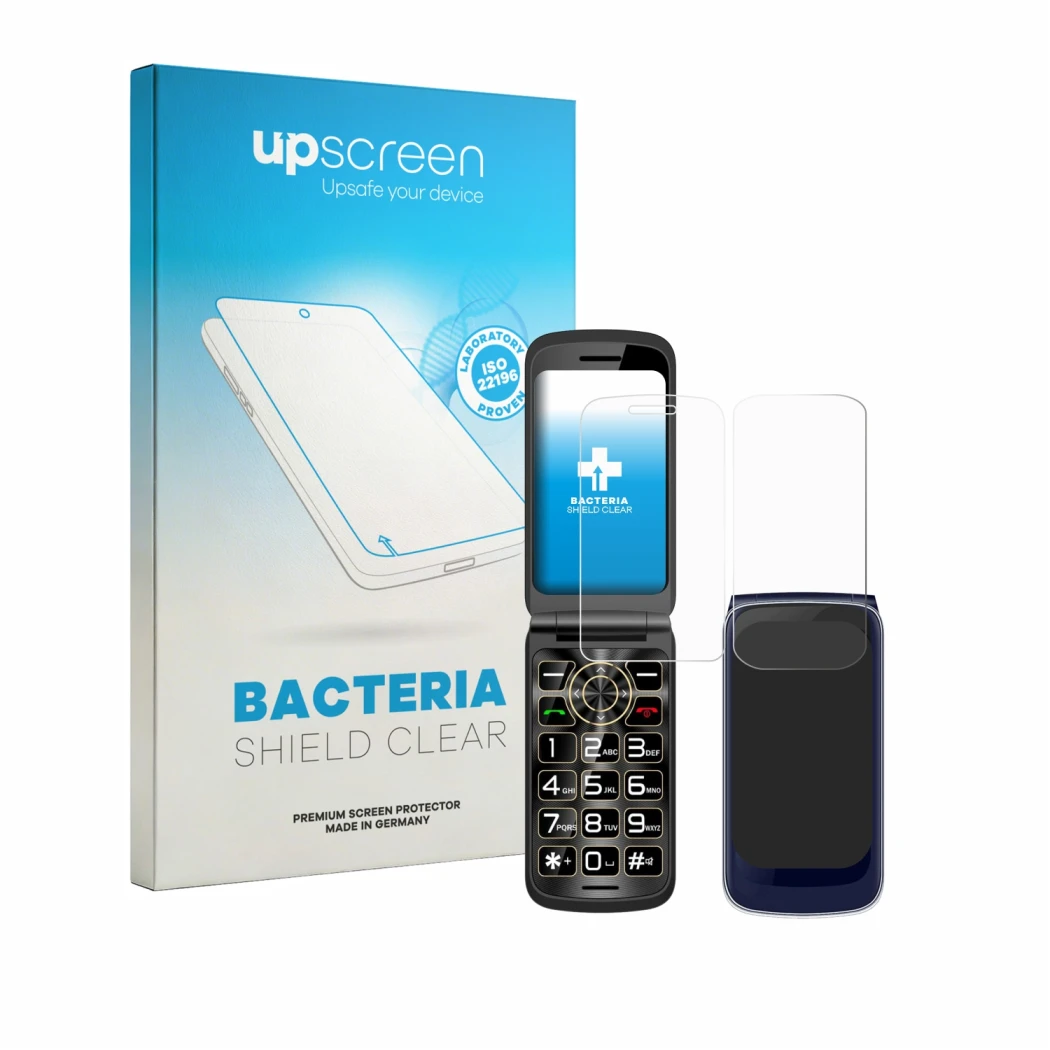 Parte frontal de un envase de producto con el logotipo de la marca upscreen. Al lado se muestra el dispositivo Guwet G739 (Fro
