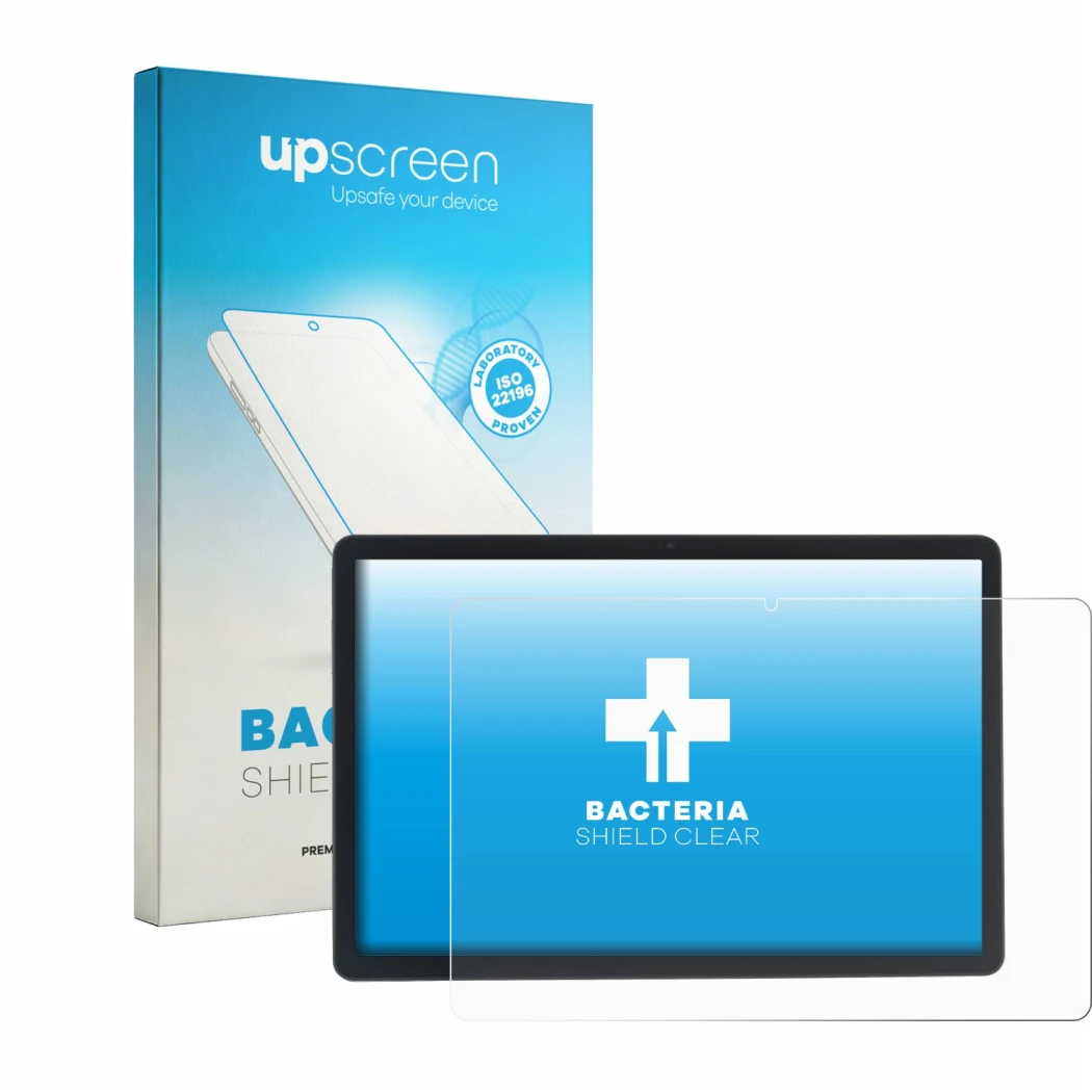 Parte frontal de un envase de producto con el logotipo de la marca upscreen. Al lado se muestra el dispositivo Acepad A172 con