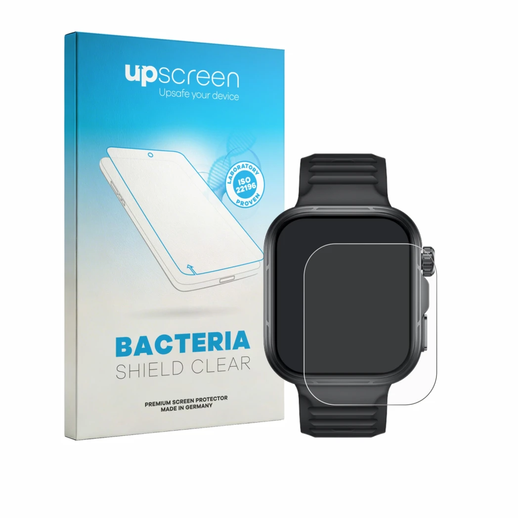 Parte frontal de un envase de producto con el logotipo de la marca upscreen. Al lado se muestra el dispositivo Huawei Watch Fi