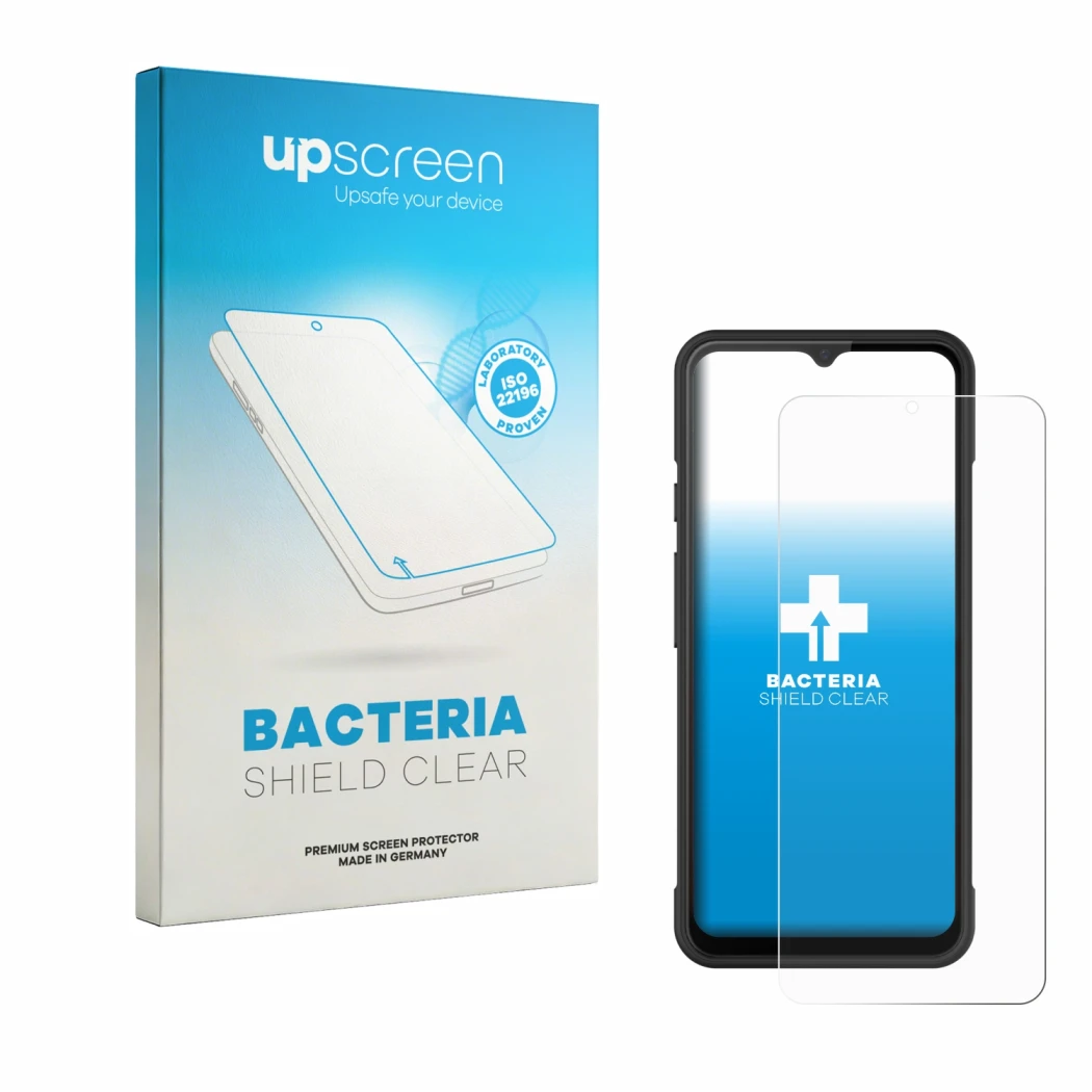 Parte frontal de un envase de producto con el logotipo de la marca upscreen. Al lado se muestra el dispositivo iMin Swift 1 Pr
