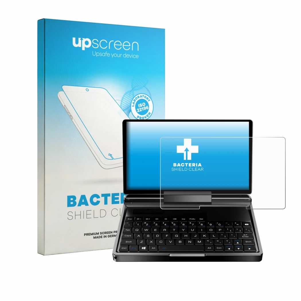 Parte frontal de un envase de producto con el logotipo de la marca upscreen. Al lado se muestra el dispositivo GPD MicroPC 2 c