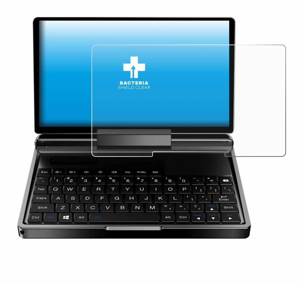 Imagen del dispositivo GPD MicroPC 2 con una amplia variedad de protectores de pantalla.