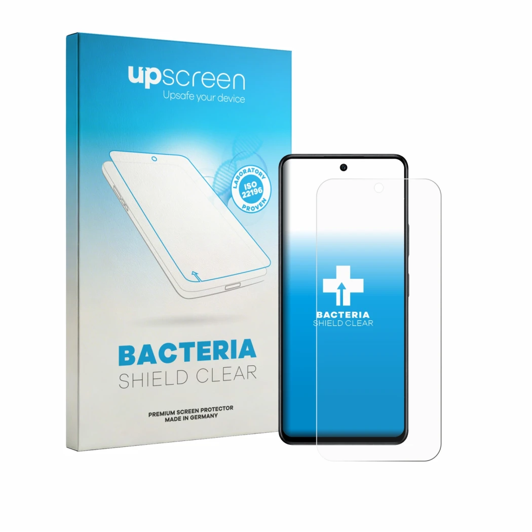 Parte frontal de un envase de producto con el logotipo de la marca upscreen. Al lado se muestra el dispositivo Infinix Hot 70