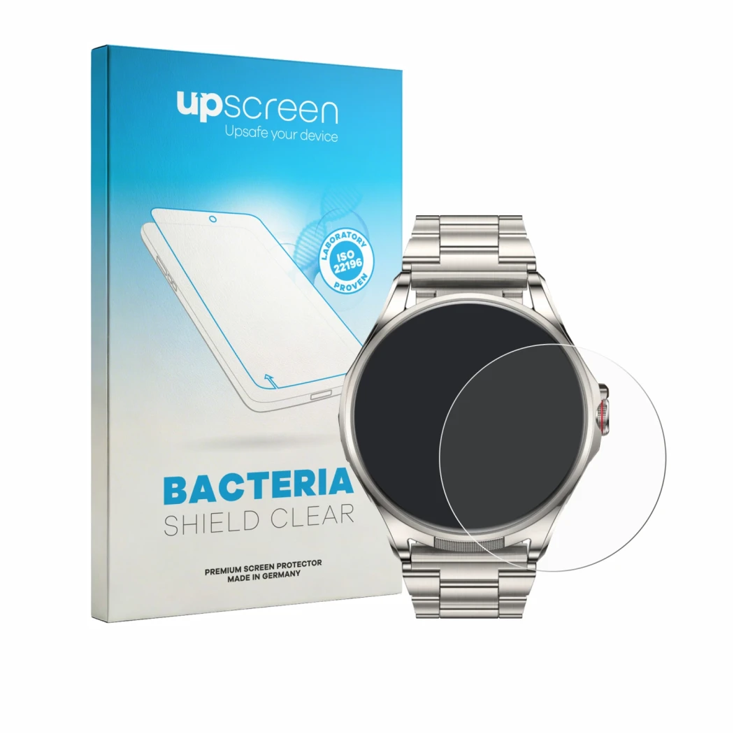 Parte frontal de un envase de producto con el logotipo de la marca upscreen. Al lado se muestra el dispositivo Huawei Watch Bu