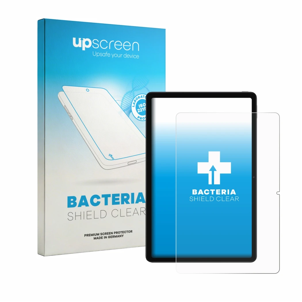 Parte frontal de un envase de producto con el logotipo de la marca upscreen. Al lado se muestra el dispositivo Xiaomi Redmi K 