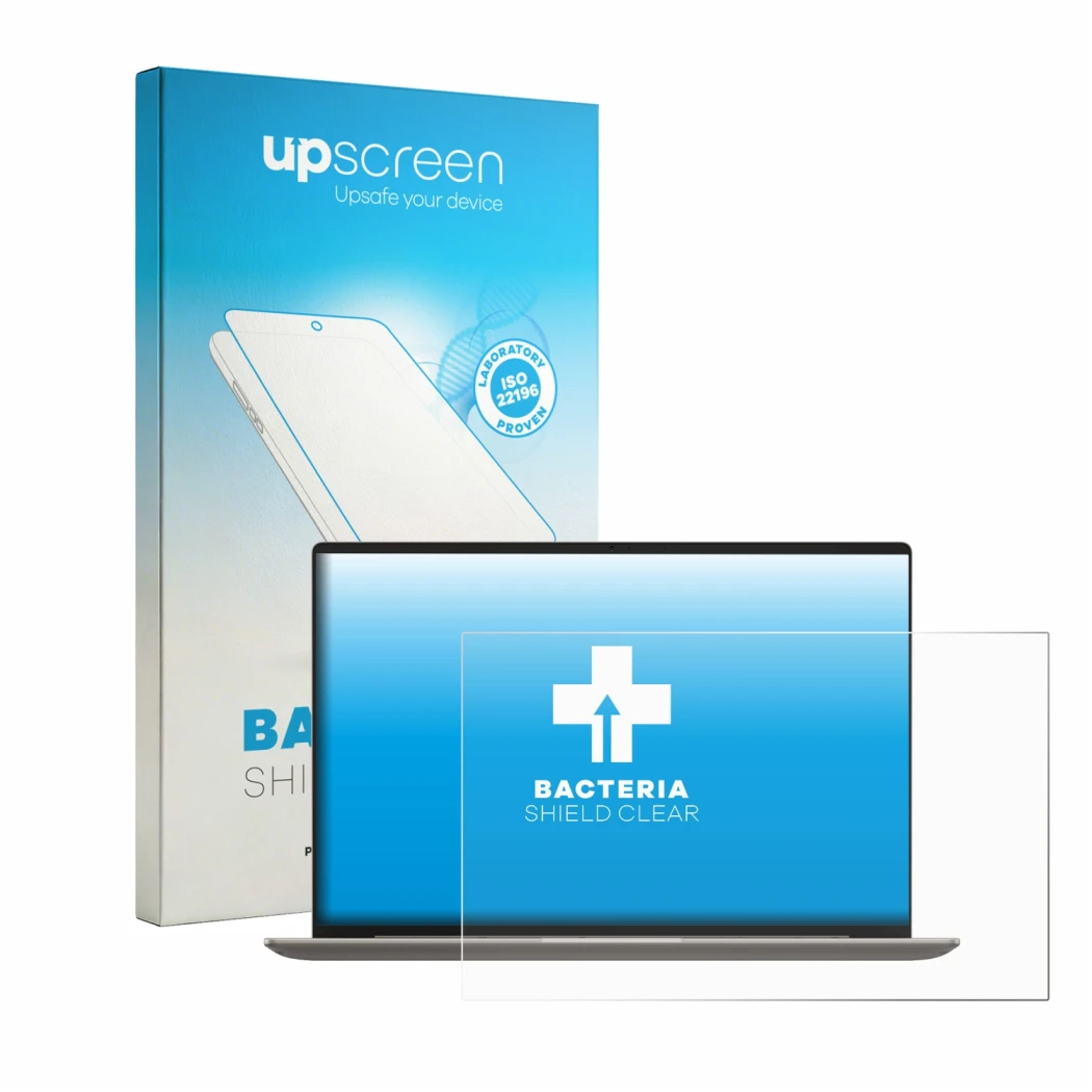 Parte frontal de un envase de producto con el logotipo de la marca upscreen. Al lado se muestra el dispositivo Honor MagicBook