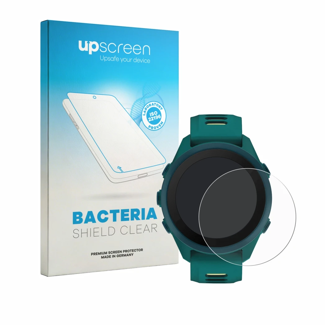 Parte frontal de un envase de producto con el logotipo de la marca upscreen. Al lado se muestra el dispositivo Garmin Forerunn
