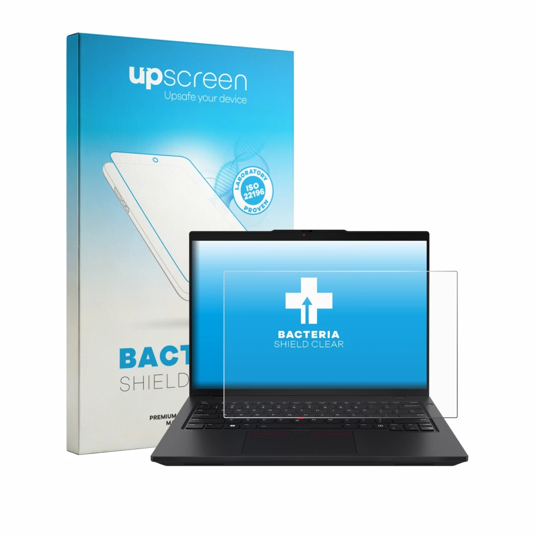 Parte frontal de un envase de producto con el logotipo de la marca upscreen. Al lado se muestra el dispositivo Lenovo ThinkPad