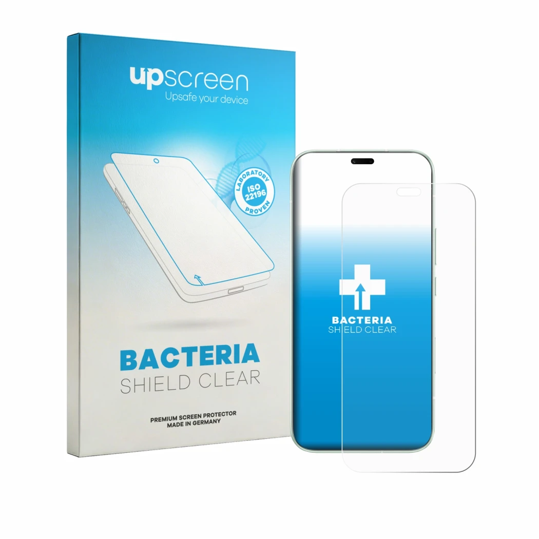 Parte frontal de un envase de producto con el logotipo de la marca upscreen. Al lado se muestra el dispositivo Honor 600e con