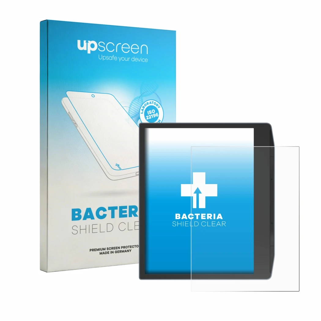 Parte frontal de un envase de producto con el logotipo de la marca upscreen. Al lado se muestra el dispositivo PocketBook Era 