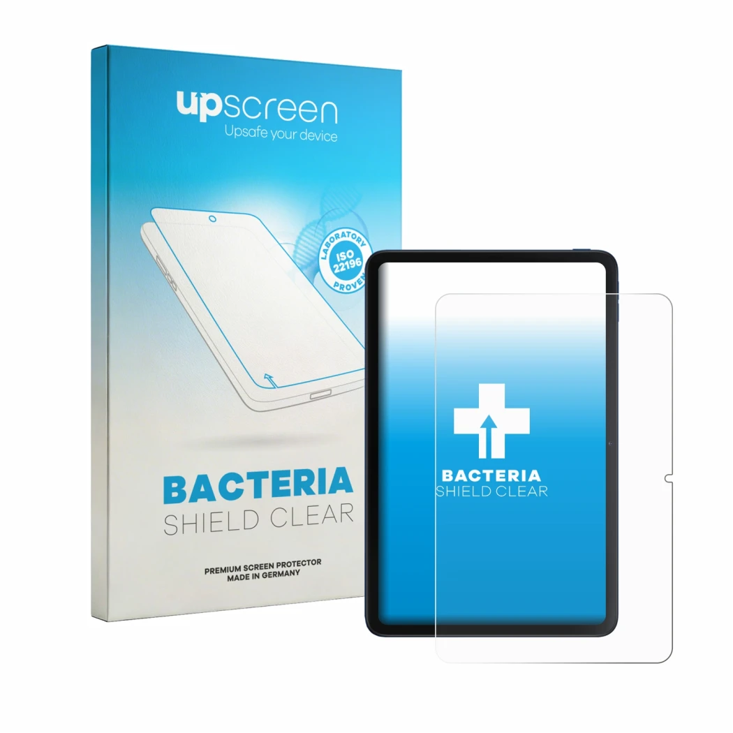 Parte frontal de un envase de producto con el logotipo de la marca upscreen. Al lado se muestra el dispositivo Xiaomi Poco Pad
