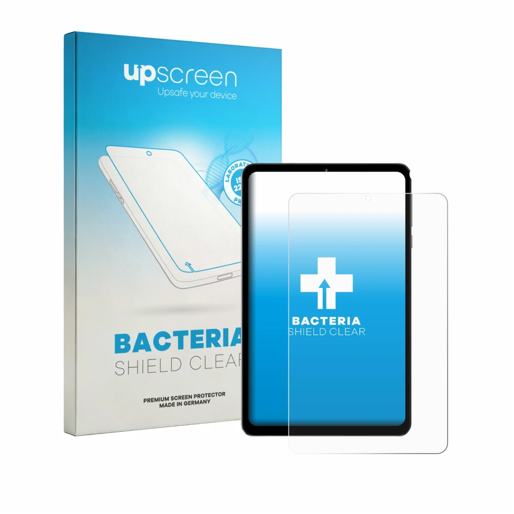 Parte frontal de un envase de producto con el logotipo de la marca upscreen. Al lado se muestra el dispositivo Headwolf FPad 6