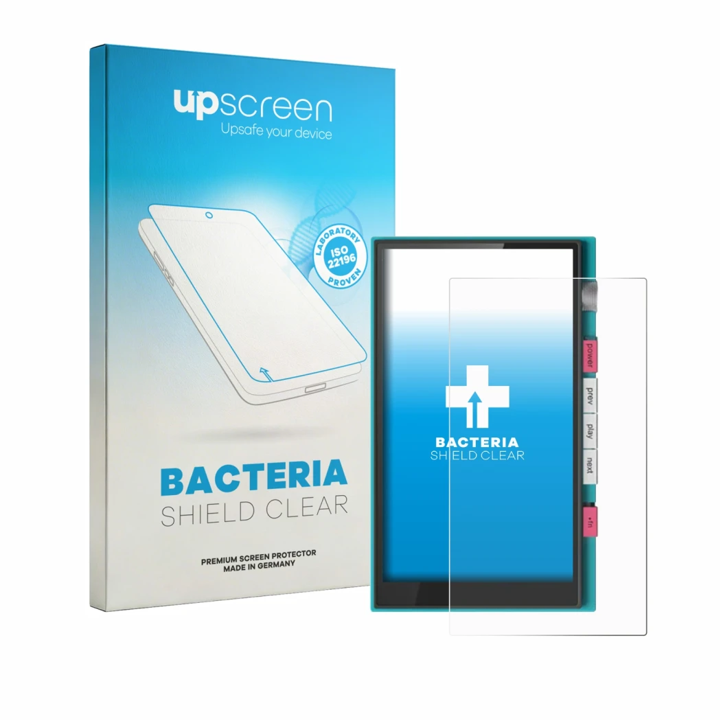 Parte frontal de un envase de producto con el logotipo de la marca upscreen. Al lado se muestra el dispositivo Hiby Digital M5