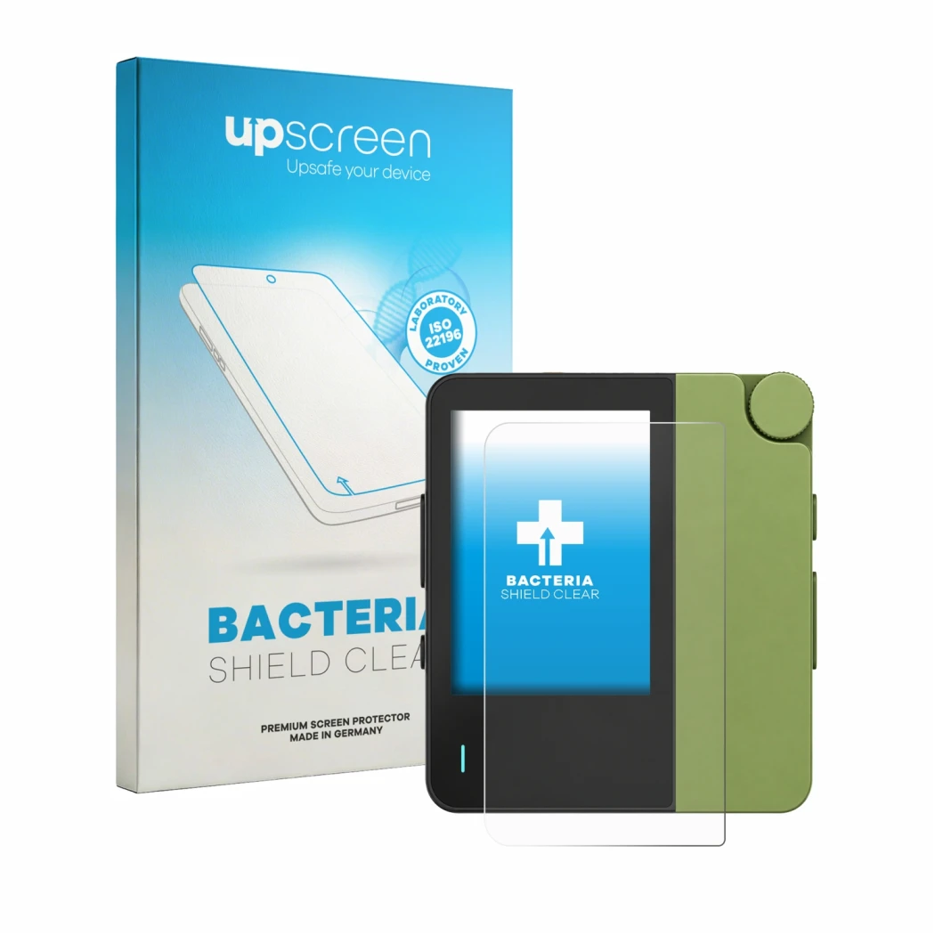 Parte frontal de un envase de producto con el logotipo de la marca upscreen. Al lado se muestra el dispositivo Hiby W4 con su