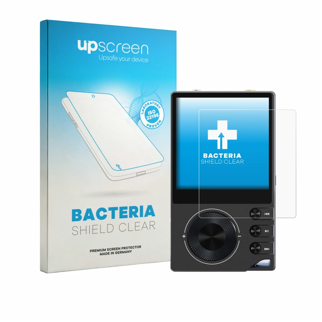Parte frontal de un envase de producto con el logotipo de la marca upscreen. Al lado se muestra el dispositivo Surfans F20 Pro