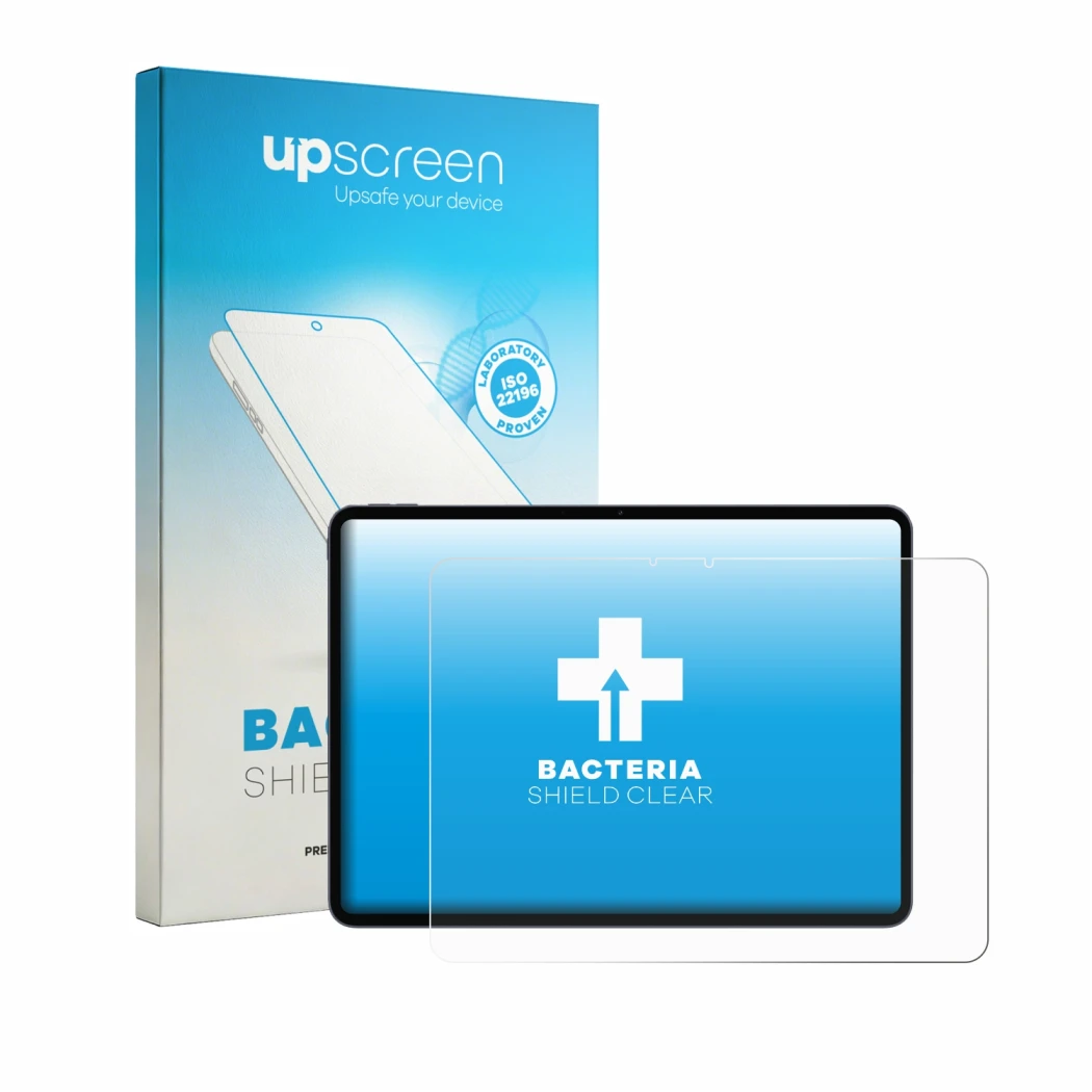 Parte frontal de un envase de producto con el logotipo de la marca upscreen. Al lado se muestra el dispositivo OnePlus Pad 3 P