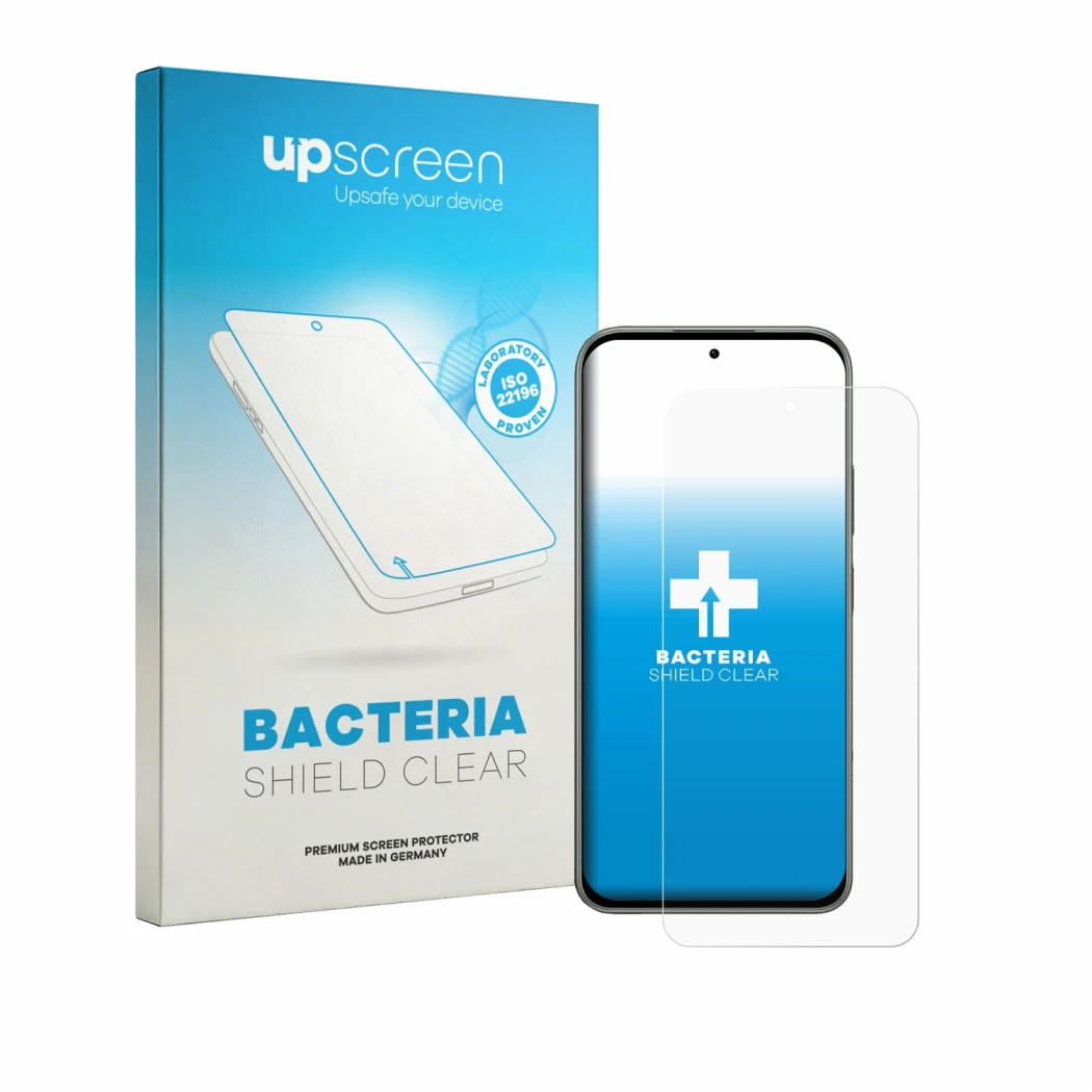 Parte frontal de un envase de producto con el logotipo de la marca upscreen. Al lado se muestra el dispositivo Tecno Pova 8 co