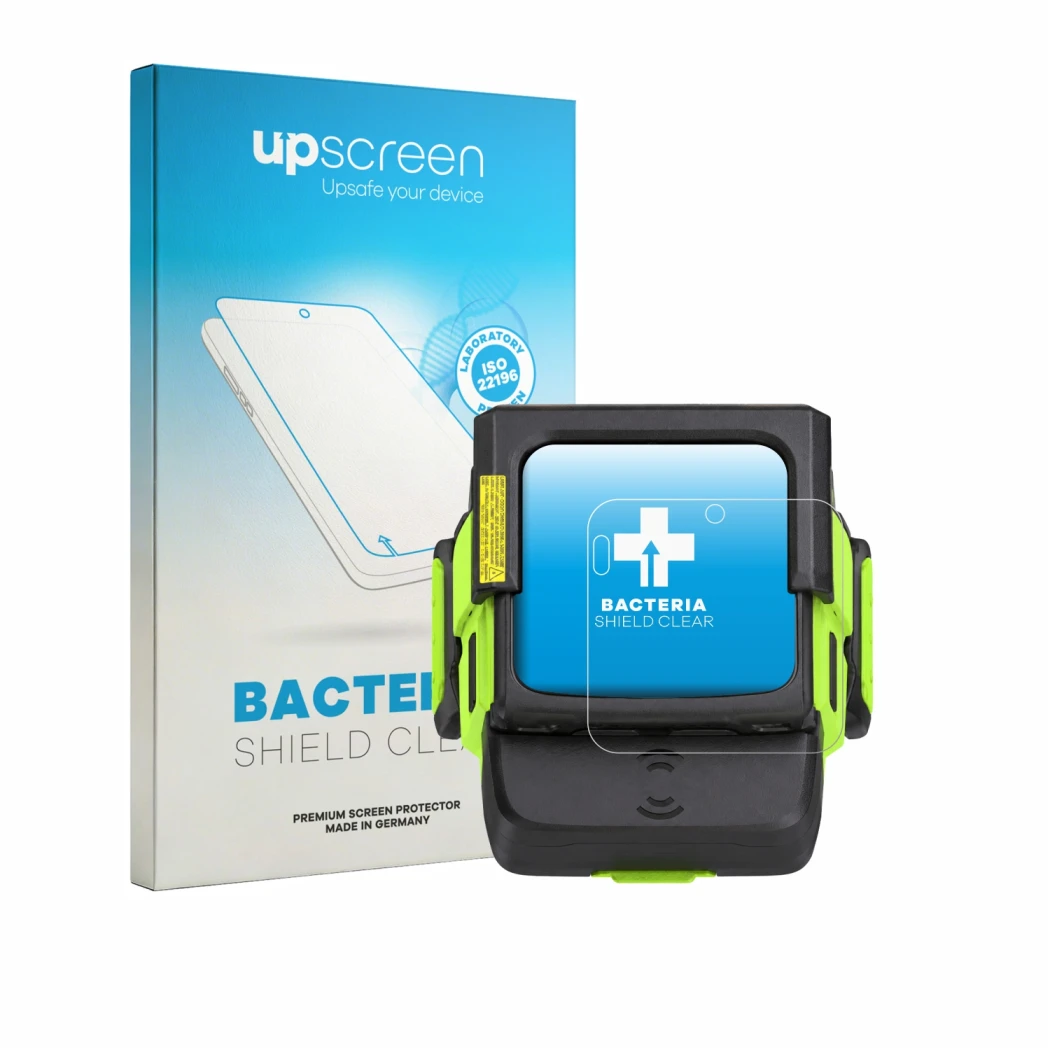 Parte frontal de un envase de producto con el logotipo de la marca upscreen. Al lado se muestra el dispositivo Zebra WS501 con