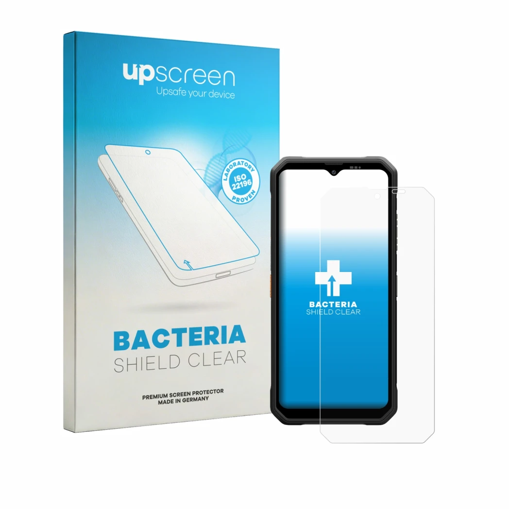 Parte frontal de un envase de producto con el logotipo de la marca upscreen. Al lado se muestra el dispositivo Blackview Fort