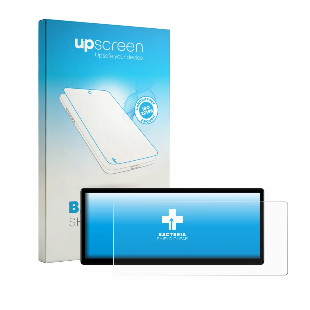 Parte frontal de un envase de producto con el logotipo de la marca upscreen. Al lado se muestra el dispositivo Xtrons QWBX24CC