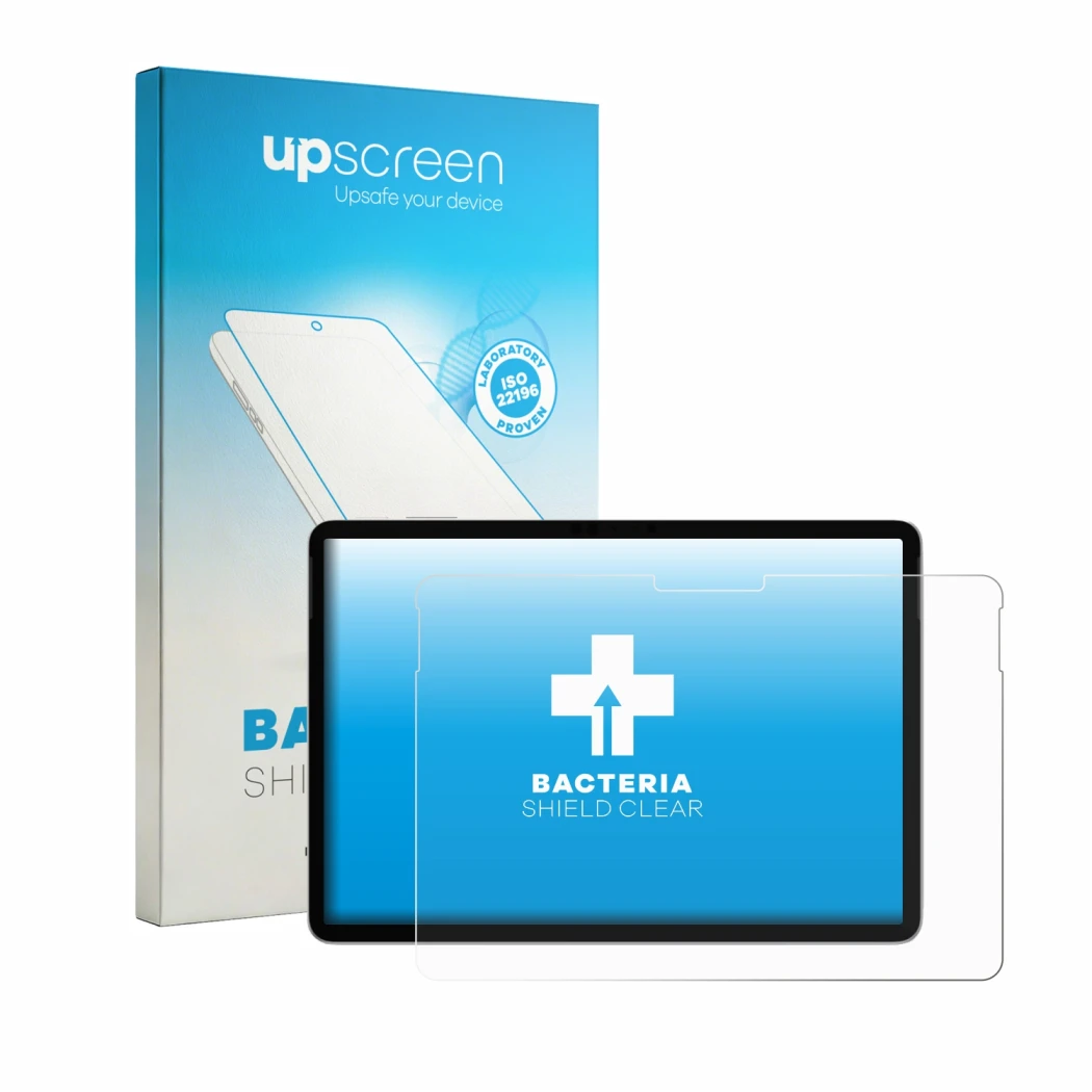 Parte frontal de un envase de producto con el logotipo de la marca upscreen. Al lado se muestra el dispositivo Microsoft Surfa