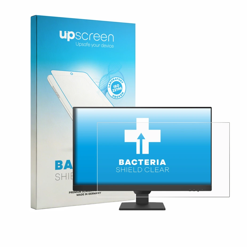 Parte frontal de un envase de producto con el logotipo de la marca upscreen. Al lado se muestra el dispositivo BenQ GW2490E co