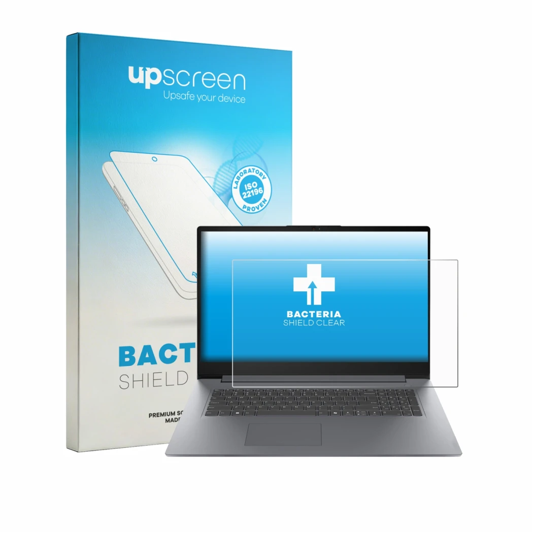 Parte frontal de un envase de producto con el logotipo de la marca upscreen. Al lado se muestra el dispositivo Lenovo V17 G7 c