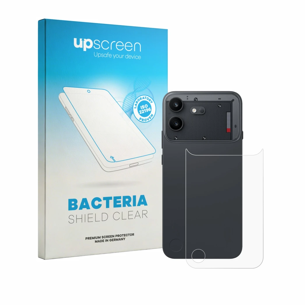 Parte frontal de un envase de producto con el logotipo de la marca upscreen. Al lado se muestra el dispositivo Nothing Phone (