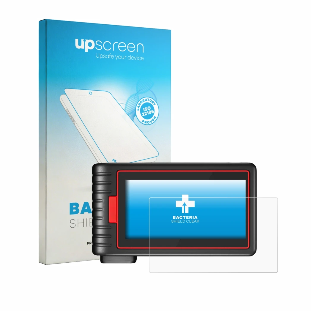 Parte frontal de un envase de producto con el logotipo de la marca upscreen. Al lado se muestra el dispositivo KINGBOLEN S6 co