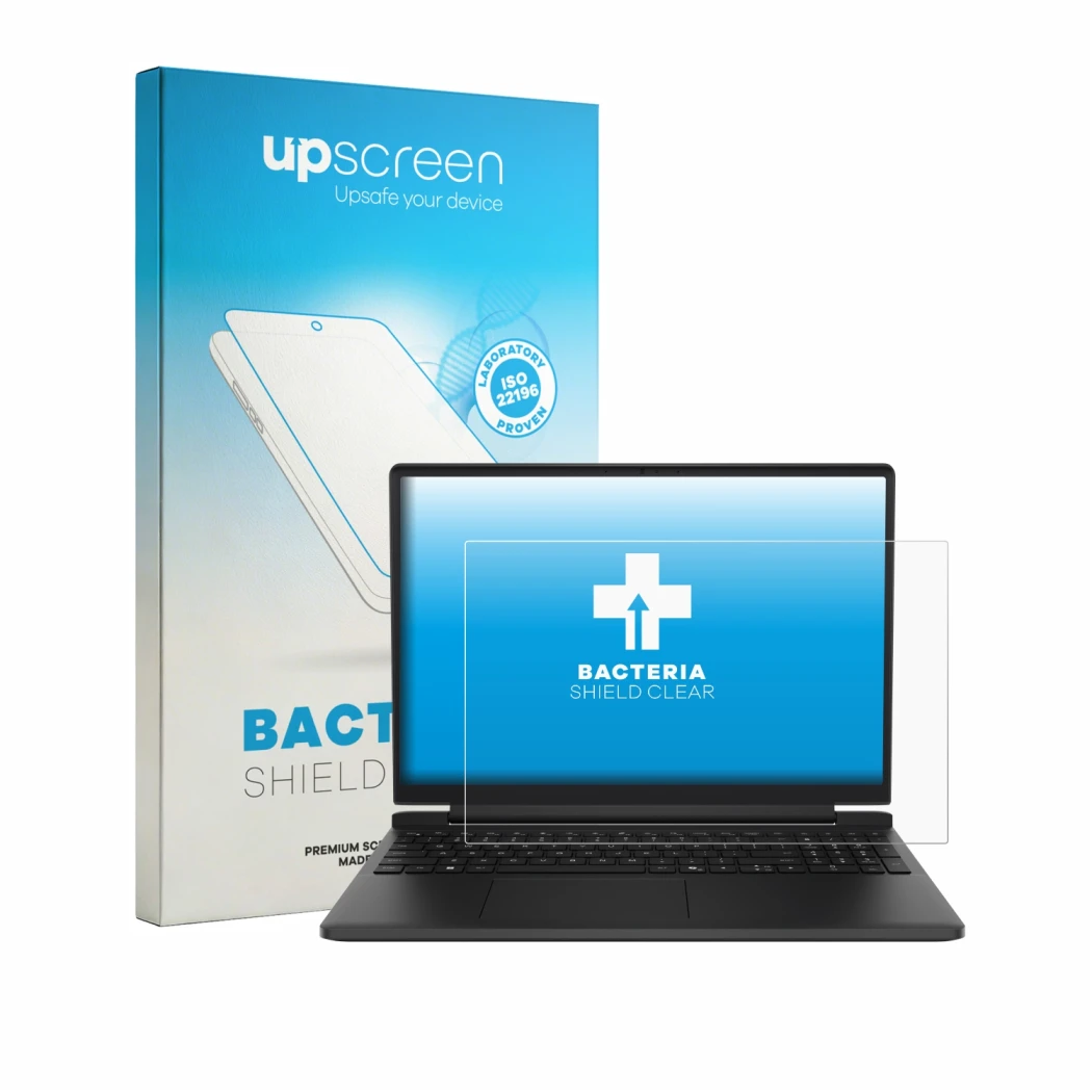 Parte frontal de un envase de producto con el logotipo de la marca upscreen. Al lado se muestra el dispositivo Dell Alienware 