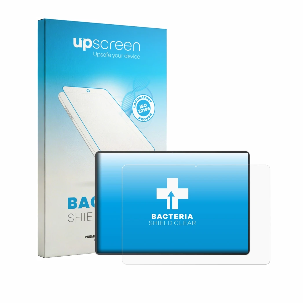 Parte frontal de un envase de producto con el logotipo de la marca upscreen. Al lado se muestra el dispositivo ASUS Pad T3201