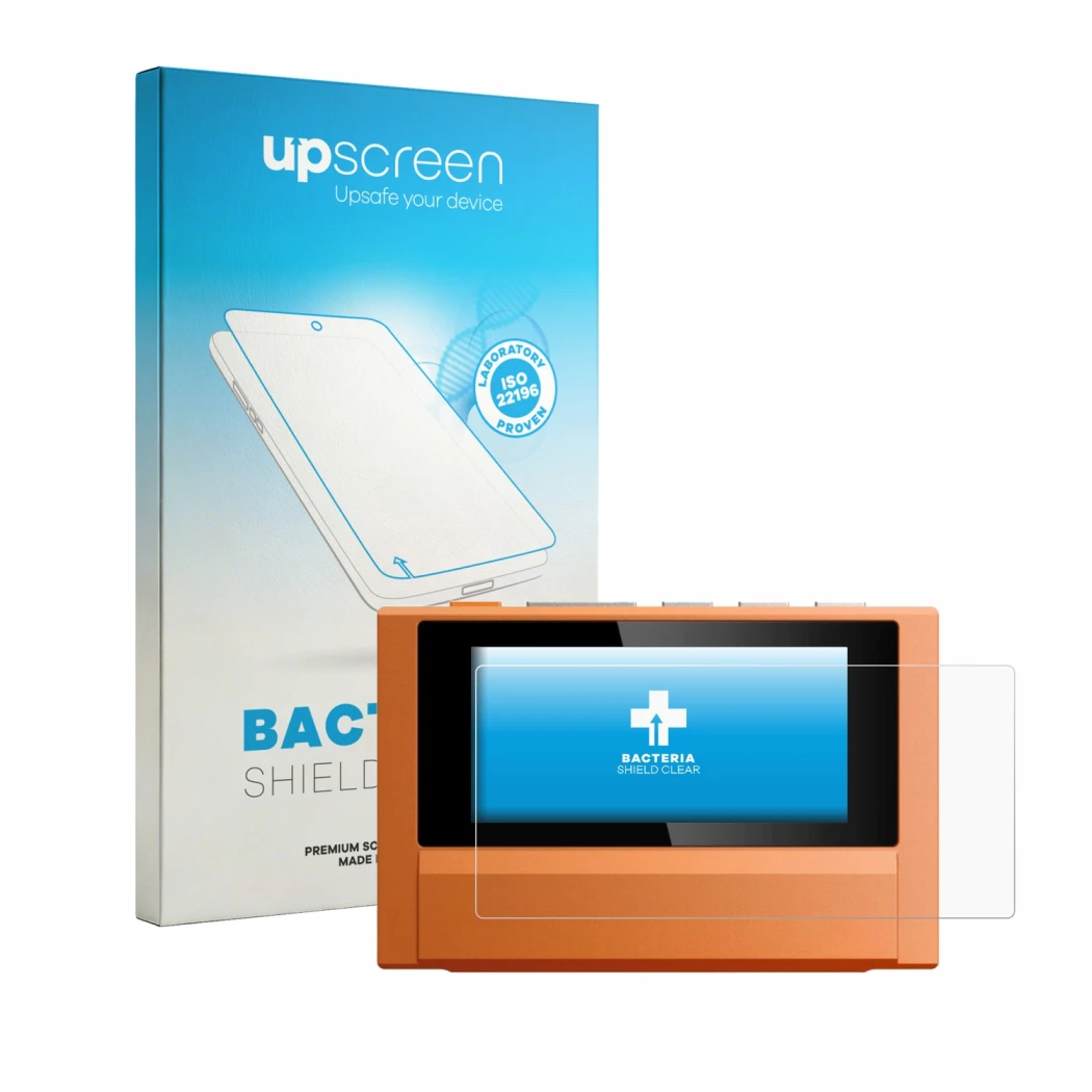 Parte frontal de un envase de producto con el logotipo de la marca upscreen. Al lado se muestra el dispositivo FiiO SnowSky Ec