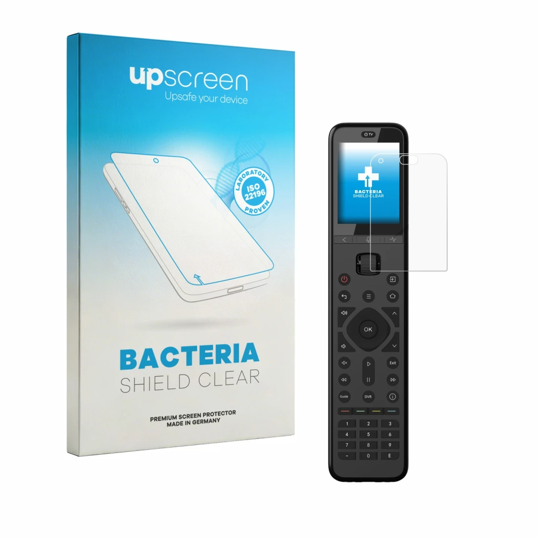 Parte frontal de un envase de producto con el logotipo de la marca upscreen. Al lado se muestra el dispositivo Sofabaton U3 co