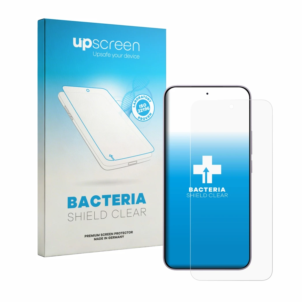 Parte frontal de un envase de producto con el logotipo de la marca upscreen. Al lado se muestra el dispositivo Xiaomi Redmi No