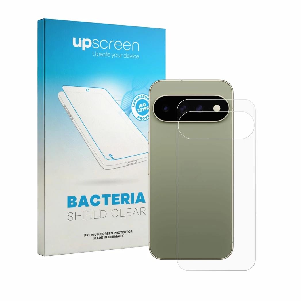 Parte frontal de un envase de producto con el logotipo de la marca upscreen. Al lado se muestra el dispositivo Google Pixel 11