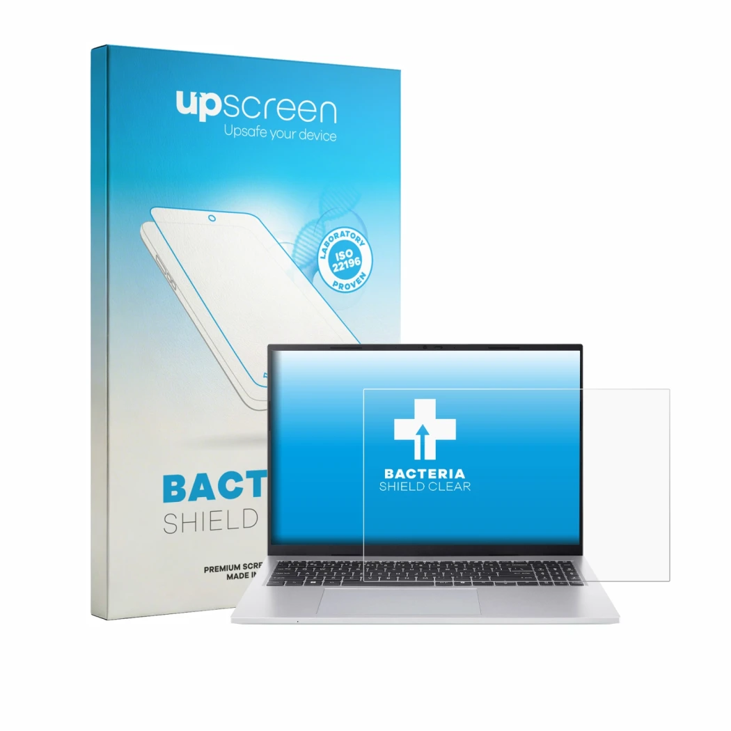Parte frontal de un envase de producto con el logotipo de la marca upscreen. Al lado se muestra el dispositivo Acer Aspire Go