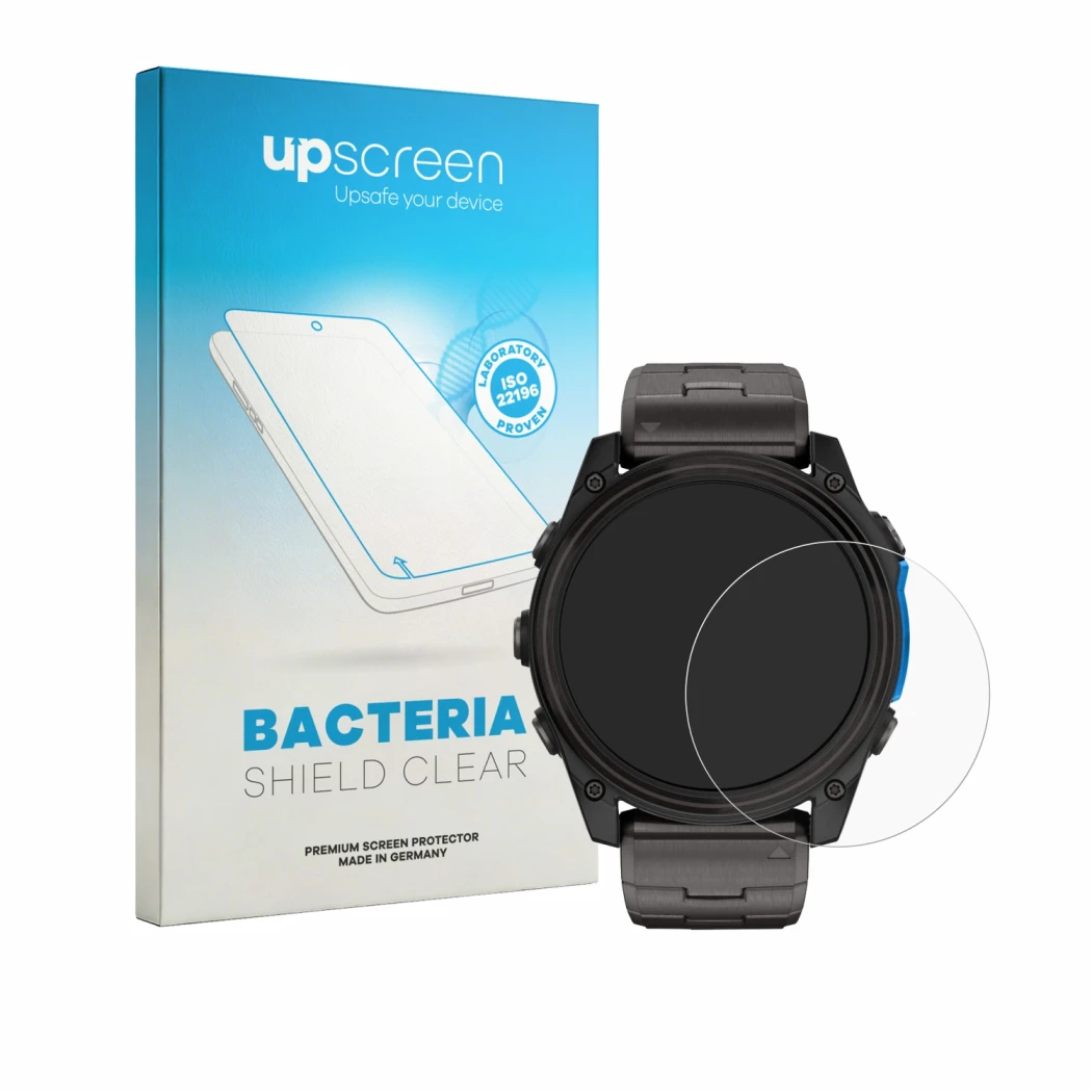 Parte frontal de un envase de producto con el logotipo de la marca upscreen. Al lado se muestra el dispositivo Garmin D2 Mach