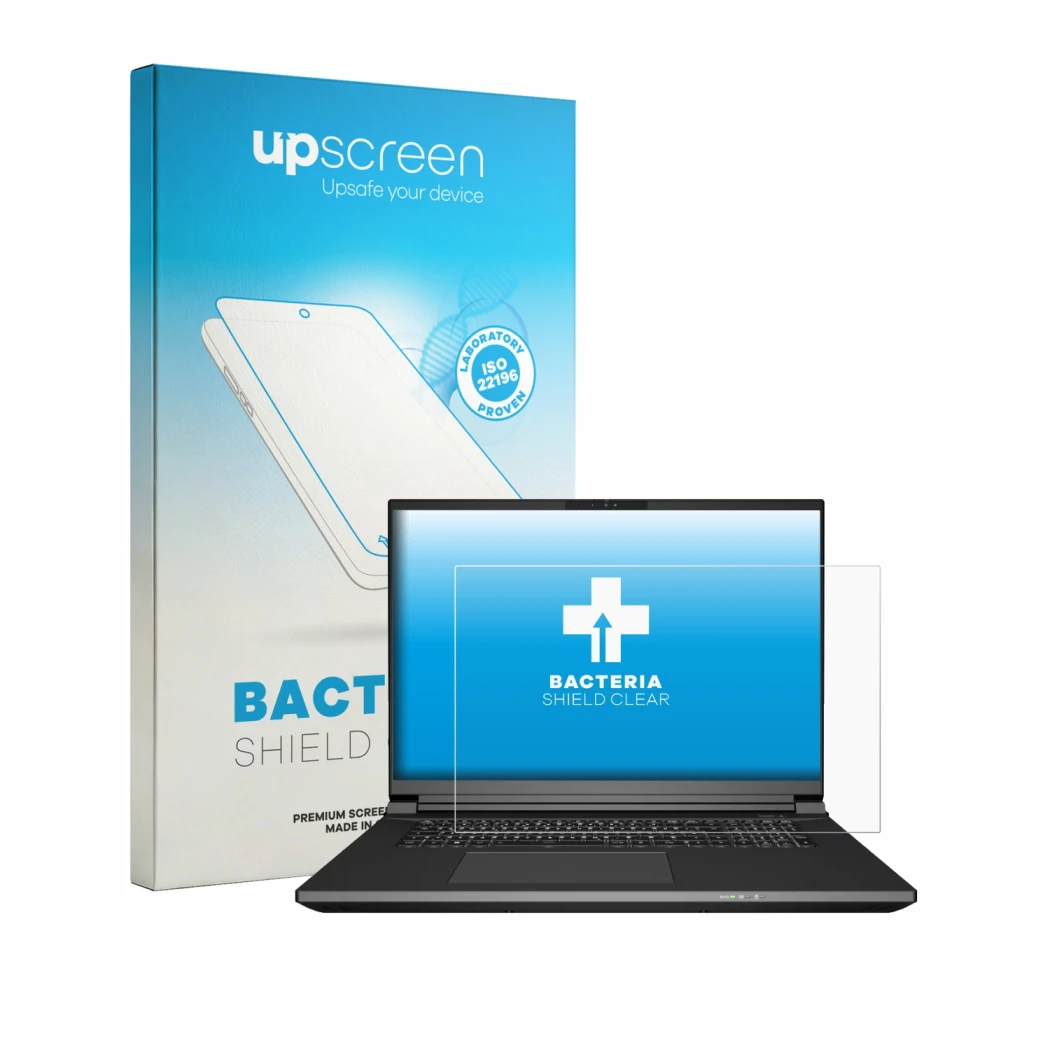 Parte frontal de un envase de producto con el logotipo de la marca upscreen. Al lado se muestra el dispositivo Schenker KEY 18