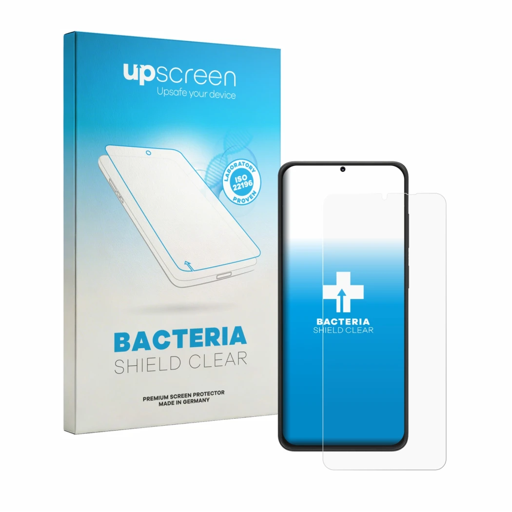 Parte frontal de un envase de producto con el logotipo de la marca upscreen. Al lado se muestra el dispositivo Neow Safe con s