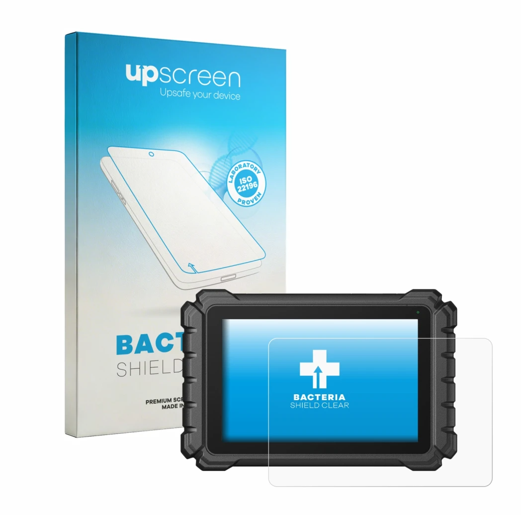 Parte frontal de un envase de producto con el logotipo de la marca upscreen. Al lado se muestra el dispositivo Topdon ONE Plus