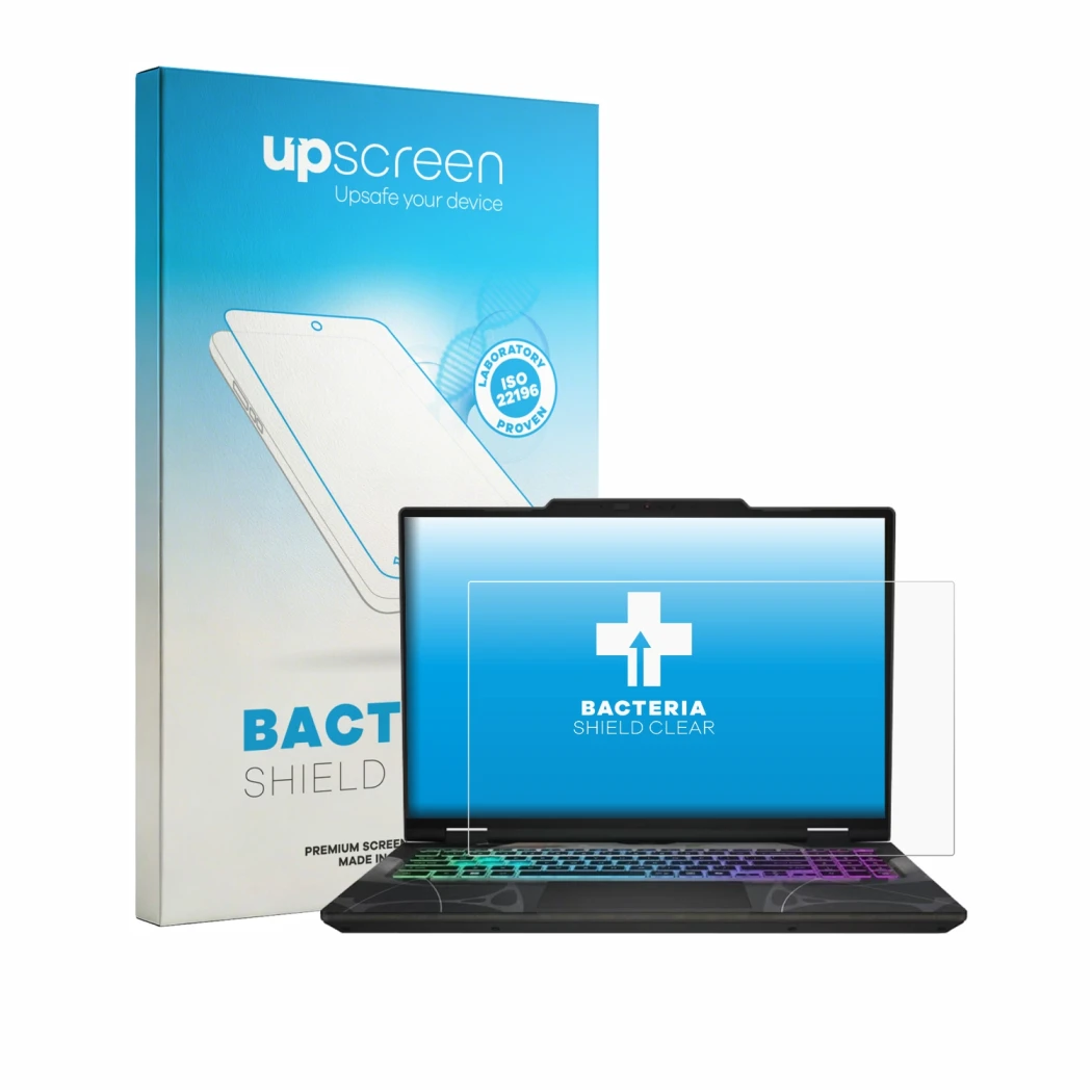 Parte frontal de un envase de producto con el logotipo de la marca upscreen. Al lado se muestra el dispositivo MSI Cyborg 15 B